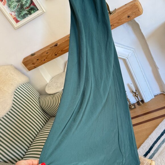 Dark Green Silky Cowl Neck Spaghetti Strap Open Back Midi Dress - Picture 10 of 11